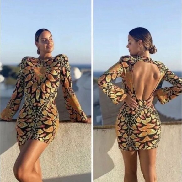 Womens size XS Bodycon Mini Dress Multicolor  print long sleeve,Stretch,Zara NEW - Picture 5 of 14